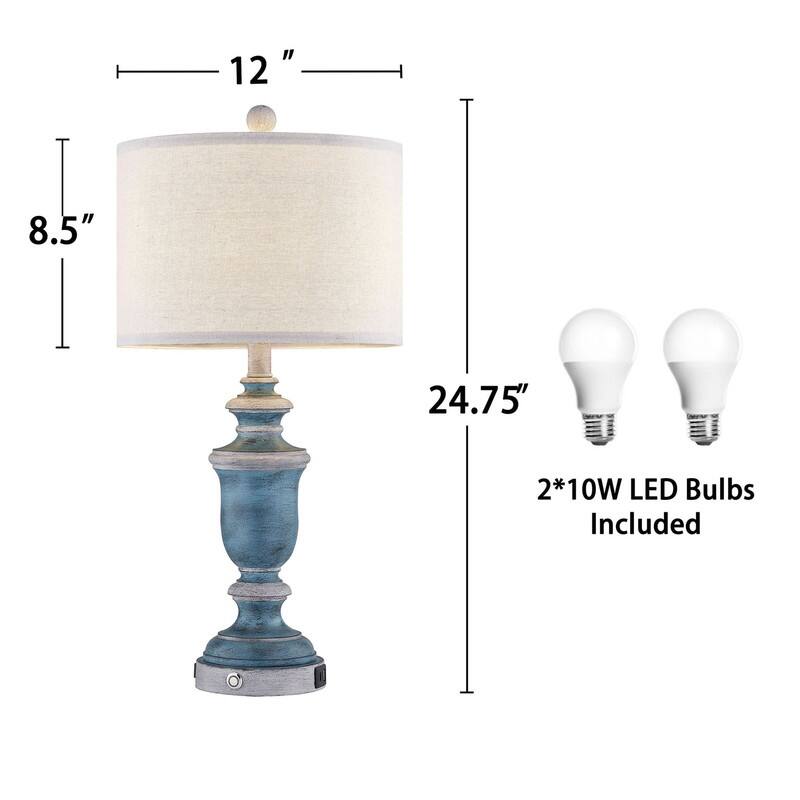 KAWOTI 24" Coastal and Nautical Table Lamp Set with USB Ports(Set of 2) W12" x H24.75" On